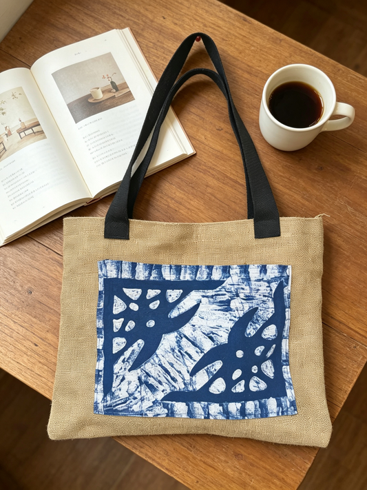 Tote bag with blue floral design on a wooden table with a book and coffee cup.