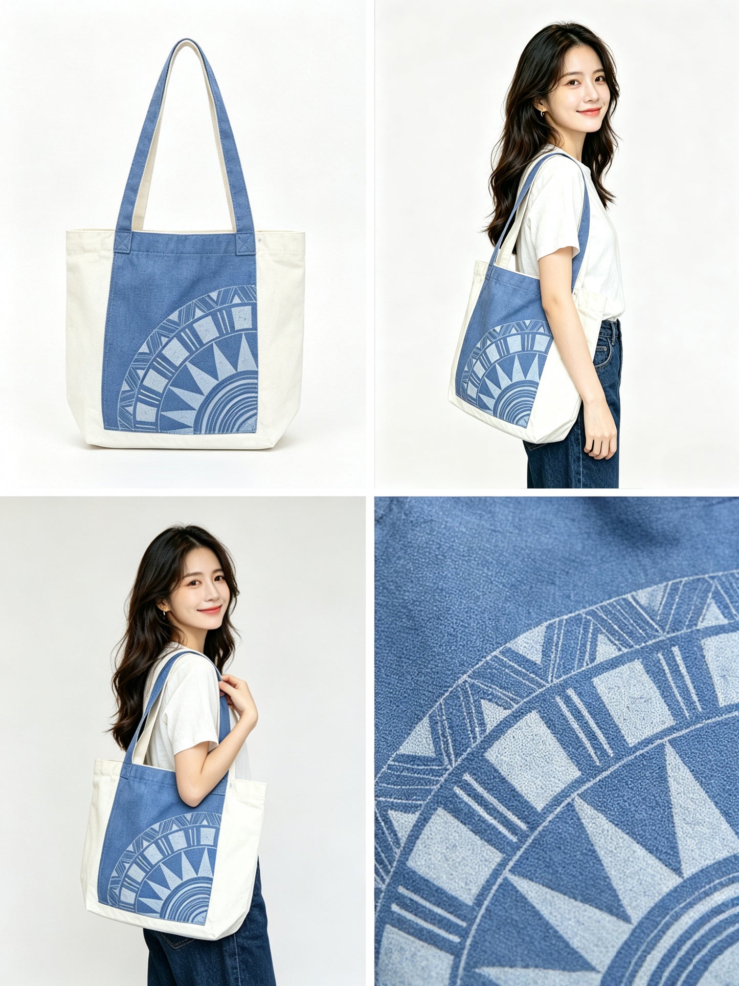 Collage of a blue and white tote bag with geometric pattern, held by a person, and close-up details.
