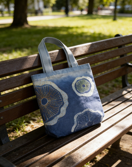 Hand Dyed Indigo Tote Bag, Embroidered Cotton Canvas Tote, Lotus Leaf Canvas Tote Bag, Blue Shibori Bag, Hand-dyed Everyday Book Tote#BA10D