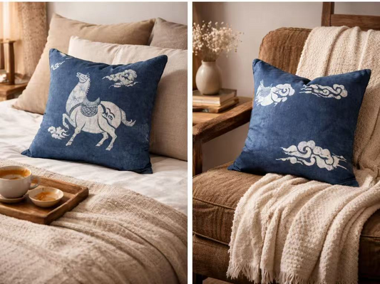 BA-06b: Handmade Batik Horse Pillow Cover, Indigo Blue Cotton, Boho Farmhouse Decor