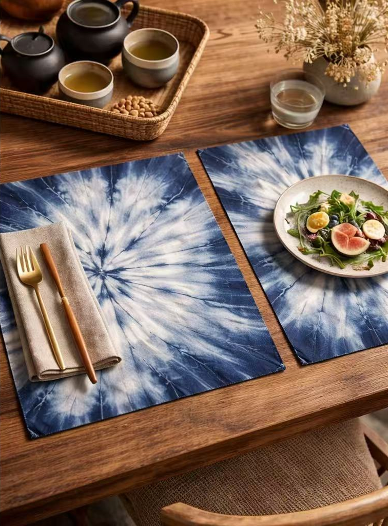 Handmade Indigo Shibori Cotton Linen Placemat Blue White Tie Dye #B19