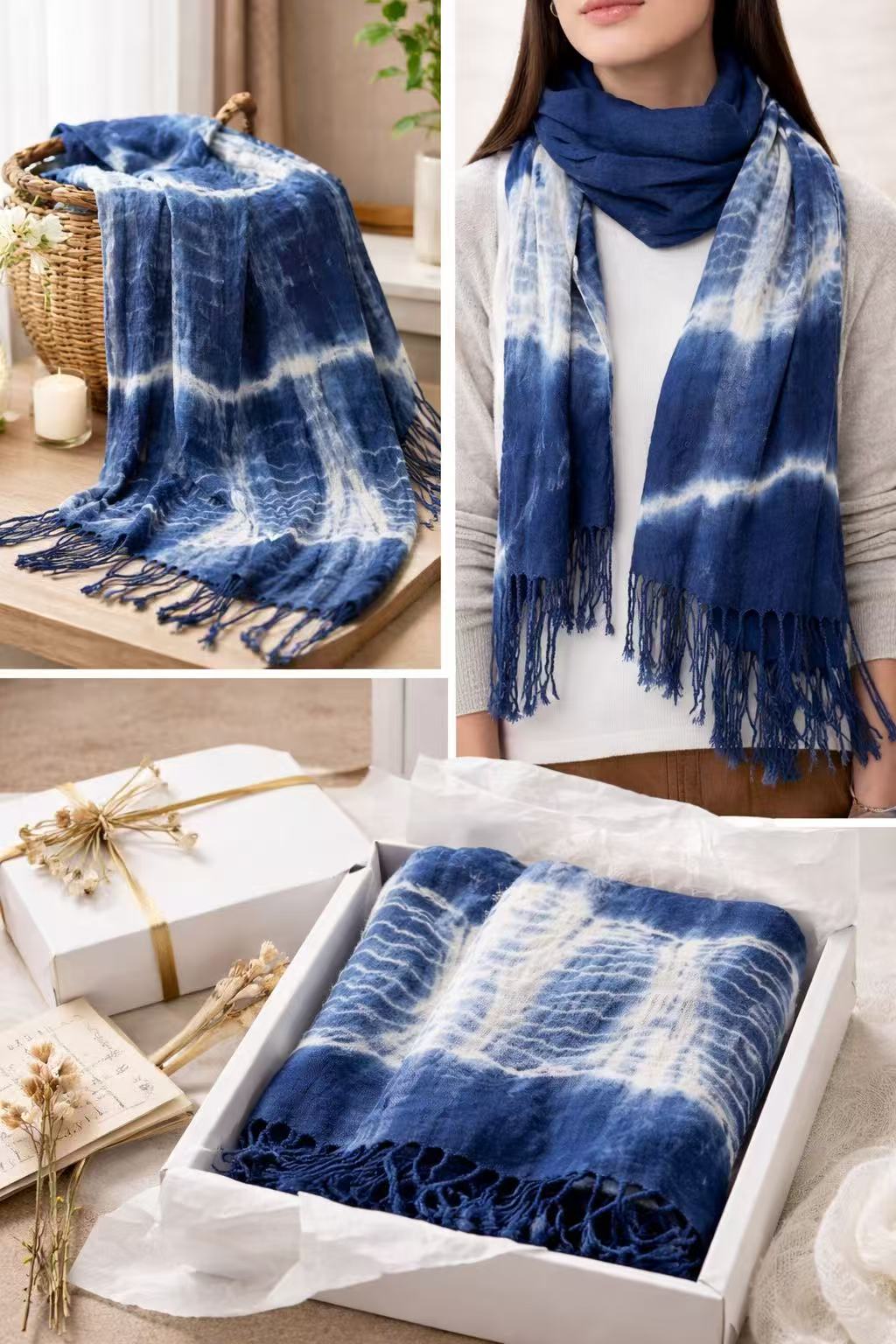 BA-21: Handmade Indigo Tie-Dye oversized scarf / soft warm shawl wrap
