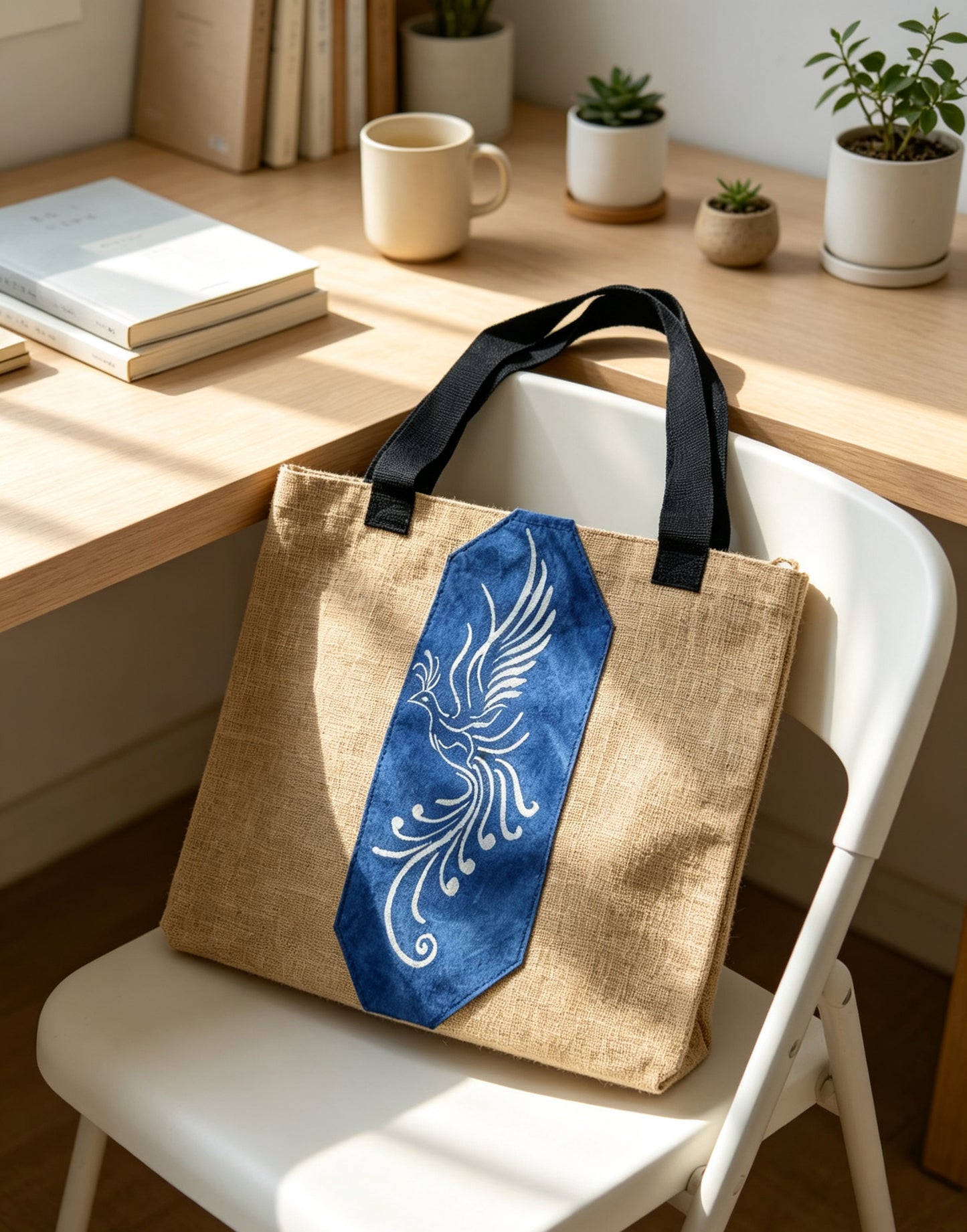 Handmade Jute Tote Bag, Double-Sided Indigo Batik Nüshu & Phoenix Design, Artisan Eco-Friendly Shoulder Bag