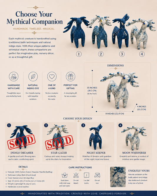 An informational poster titled 'Choose Your Mythical Companion' showing several illustrated blue-and-white stuffed animal figures with dimensions, care instructions, and a red 'SOLD' stamp over one listing image.