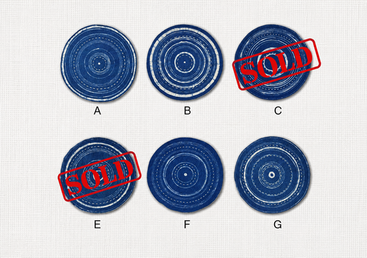 Six circular blue patterned items arranged in two rows on a light textured background, labeled A through G. Two of the circles are overlaid with a red 'SOLD' stamp.