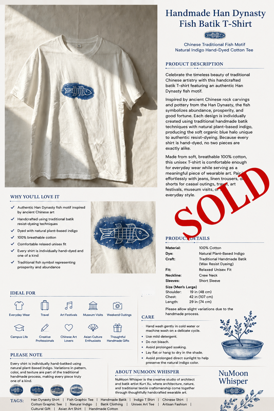 Handmade Han Dynasty Fish Batik T-Shirt | Natural Indigo Cotton Graphic Tee | Oriental Traditional Shirt | Hand-Dyed Unisex Art Tee | Cultural Gift