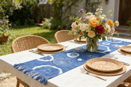 Outdoor table setting with a blue and white patterned tablecloth, wicker plates, and a floral arrangement.