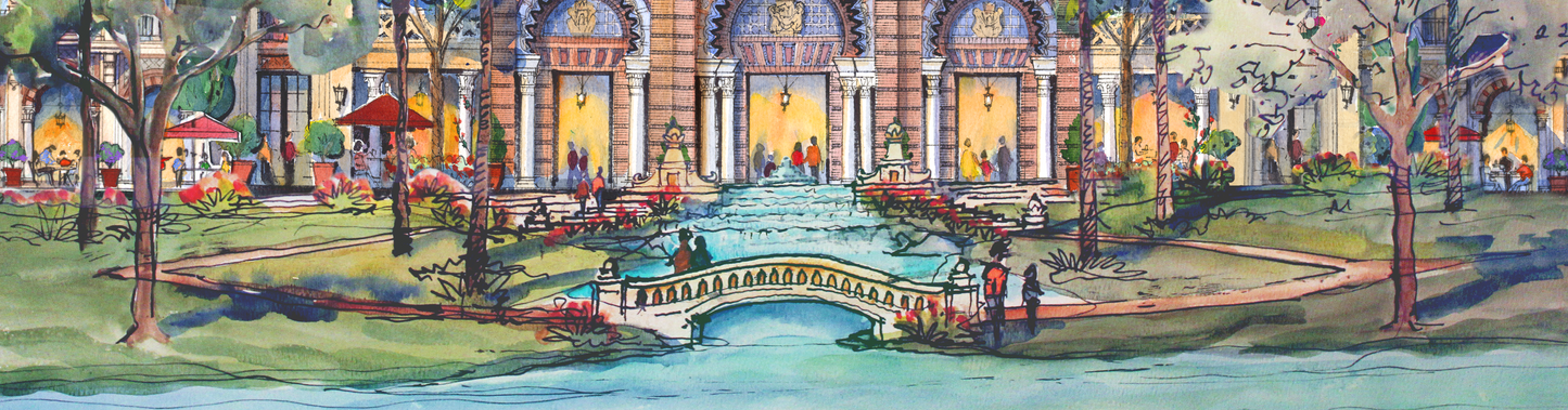 AP-17: A Morning Beneath the Arches – Limited Edition Signed 12x16 Art Print by Kurt Xu, Architectural Watercolor Wall Art