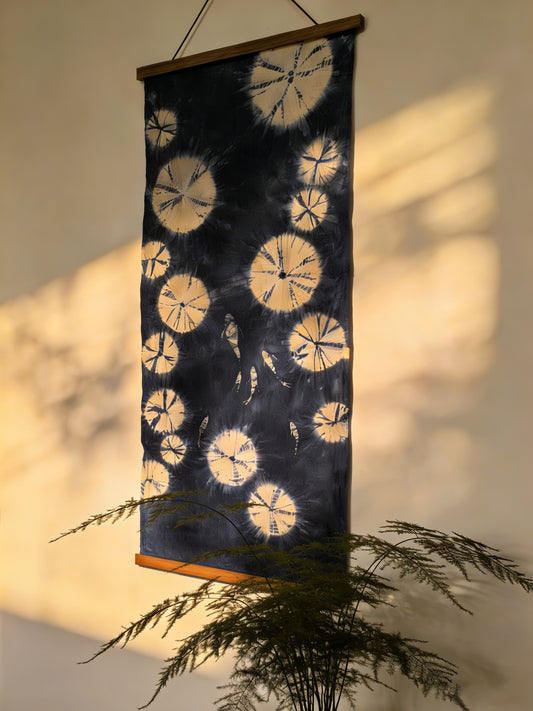 BA-20: Hand-Painted Lotus Pond Indigo Scroll – Shibori Cotton Tea Mat & Wall Art