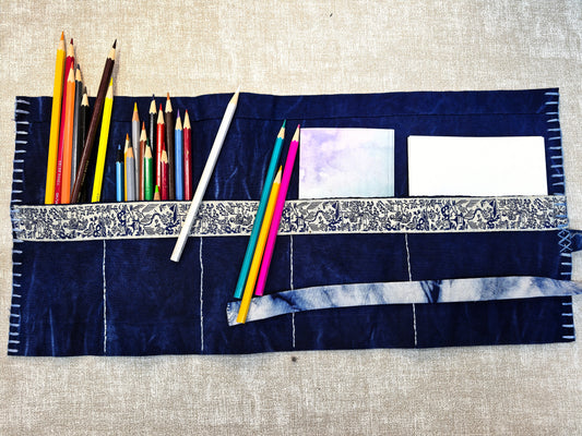 Hand-Dyed Indigo Batik Pencil Roll – One-of-a-Kind Artist Brush Organizer | Blue Whisper Collection (BA-23)