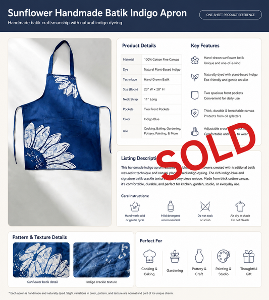 Handmade Cotton Apron | Indigo Batik Kitchen Apron | Cross-Back Gardening Apron | Artist Smock | Gift for Her