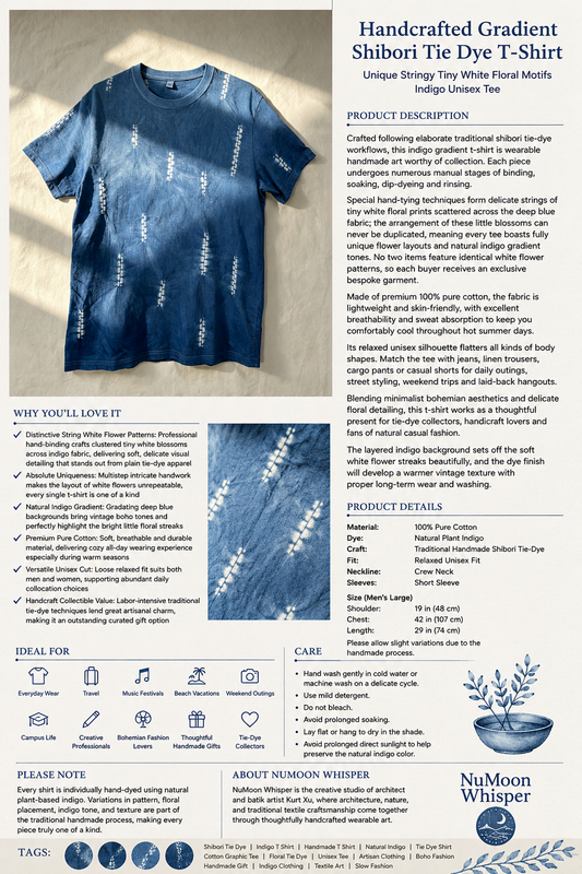 Handmade Indigo Shibori Tie-Dye T-Shirt | Natural Indigo Cotton Tee | Floral String Tie Dye Shirt | Unisex Handmade Graphic Tee | Wearable Textile Art