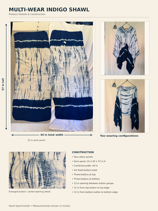 Hand Dyed Indigo Tie Dye Shawl, Multi Wear Cotton Wrap, Ocean Spire Blue White Poncho, Wearable Art, One of a Kind Boho Cape