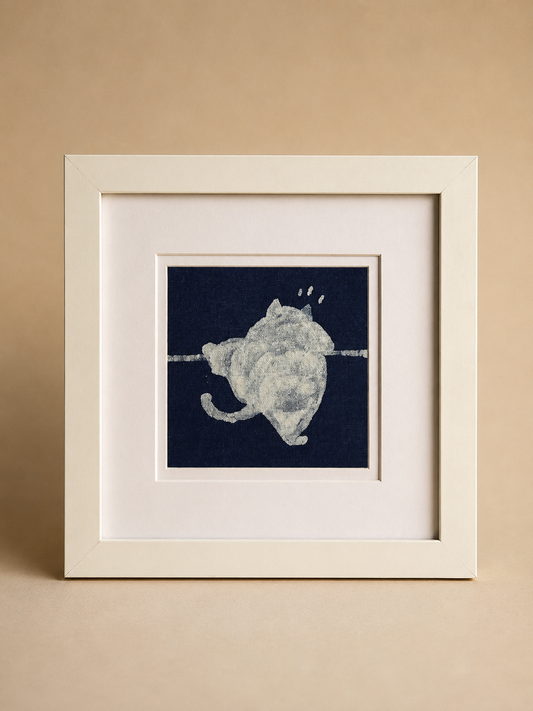 Handmade Indigo Batik Cat Wall Art Collection | Framed & Unframed Textile Wall Decor | Original Artisan Cat Artwork | Wabi-Sabi Japandi Home Decor