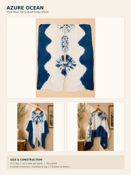 Hand Dyed Indigo Shawl, Multi Wear Tie Dye Wrap, Cotton Poncho Scarf, Boho Kimono Cape, Wearable Textile Art, Ocean Eddy