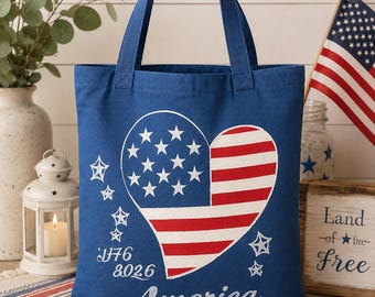 Patriotic Heart Canvas Tote Bag | America 250 Gift | Hand-Painted Americana Shoulder Bag | 1776–2026 Market Tote | Gift for Her