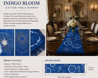 A product listing graphic for an 'Indigo Bloom' cotton table runner. The layout features the product name at the top, descriptive text, a large photo of a decorated dining table with a blue patterned runner, product detail close-ups, and a specifications box showing dimensions of 17 inches by 84 inches.