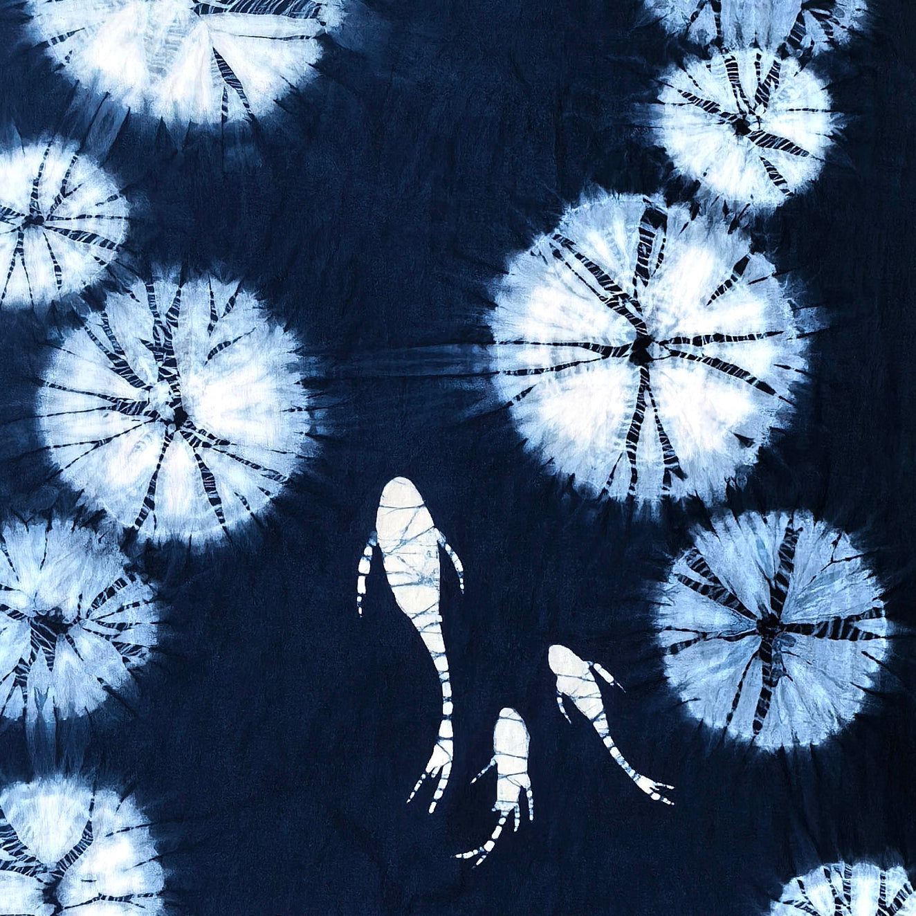 Handmade Indigo Batik Swimming Fish Lotus Pond Wall Hanging, Linen Tea Mat, Japandi Textile Art, Zen Wall Decor, Wabi Sabi Home Decor