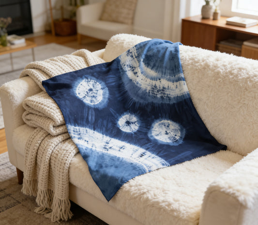 Blue tie-dye blanket draped over a white armchair in a living room.