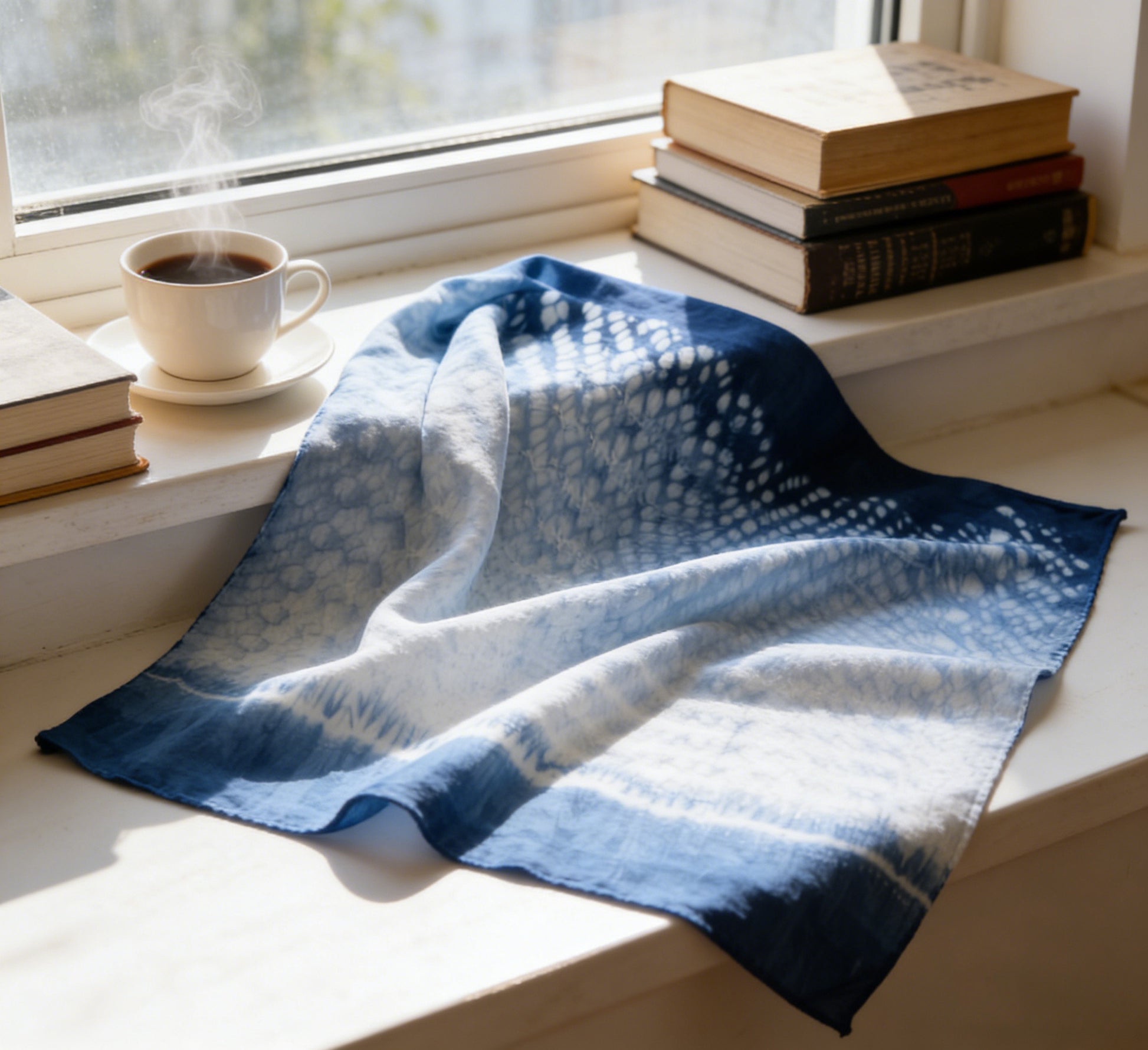 Blue and white patterned towel on a windowsill with books and a cup of coffee.