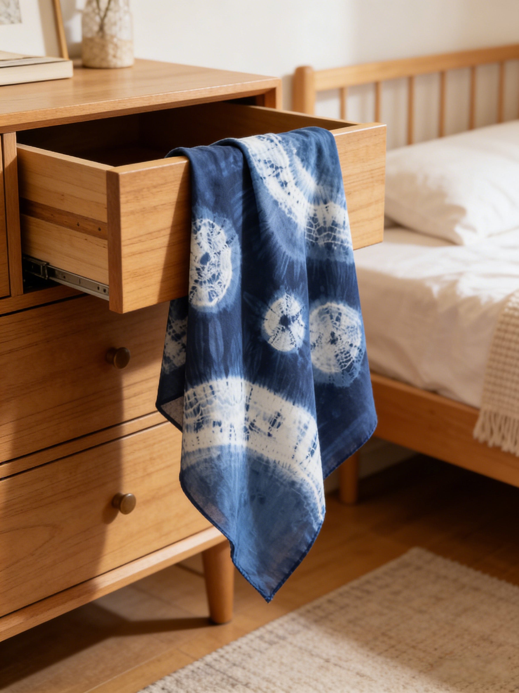 Blue and white patterned towel draped over a wooden drawer in a bedroom.
