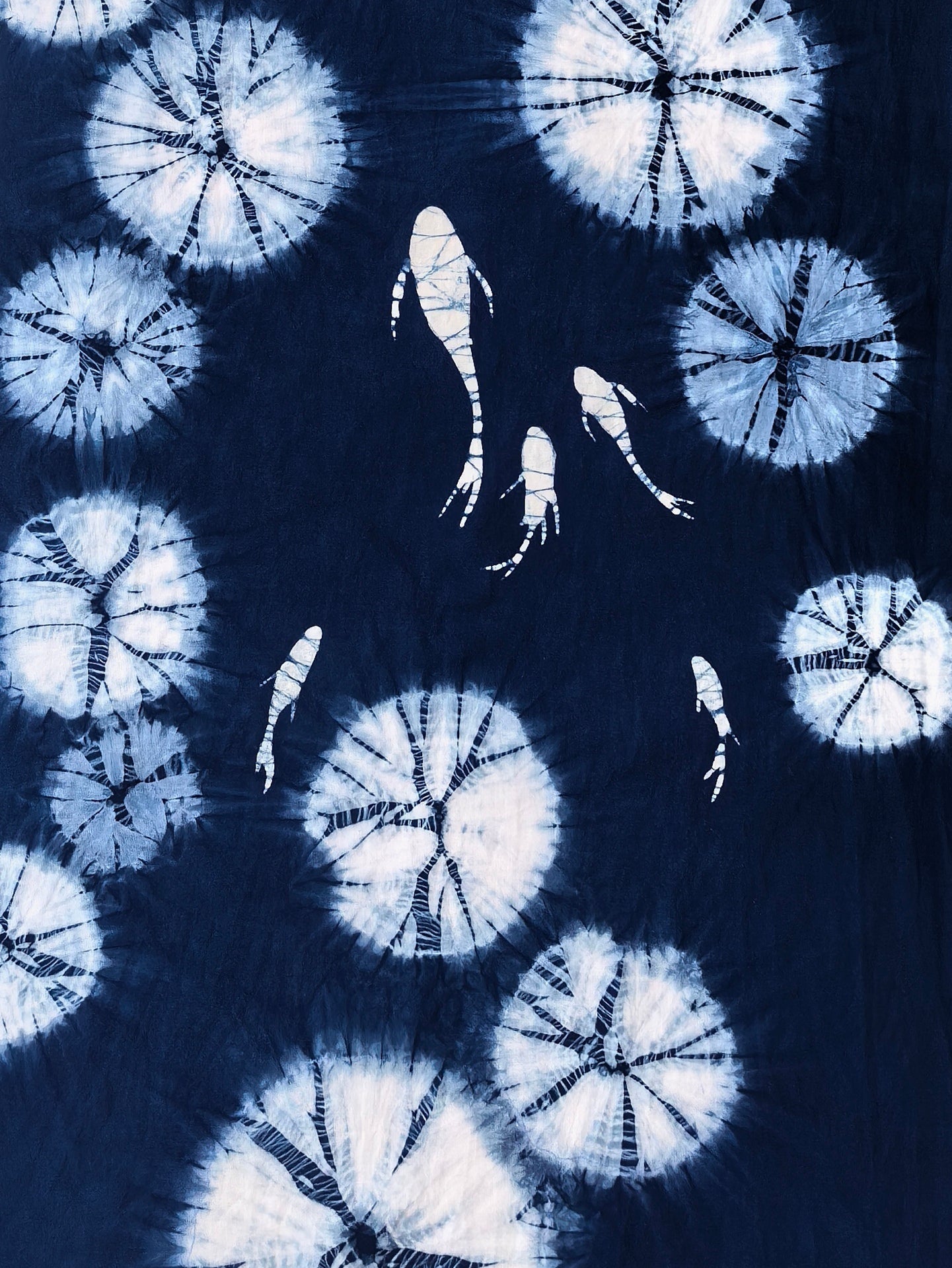 Handmade Indigo Batik Swimming Fish Lotus Pond Wall Hanging, Linen Tea Mat, Japandi Textile Art, Zen Wall Decor, Wabi Sabi Home Decor