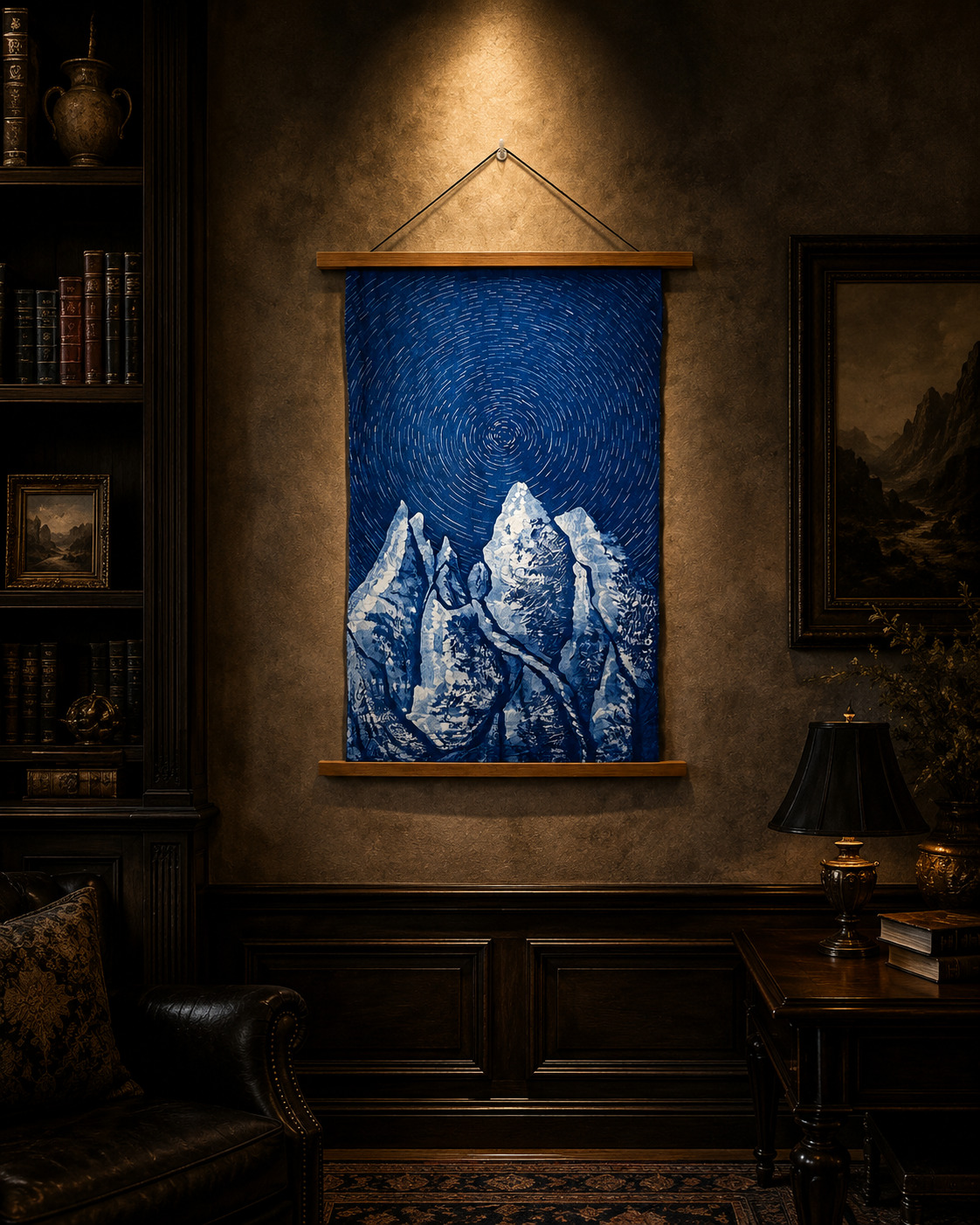 Star Trail Snow Mountain Batik Wall Hanging | Handmade Indigo Tapestry | Rustic Farmhouse Wall Art | Wabi-Sabi Textile Decor  Astronomy Gift