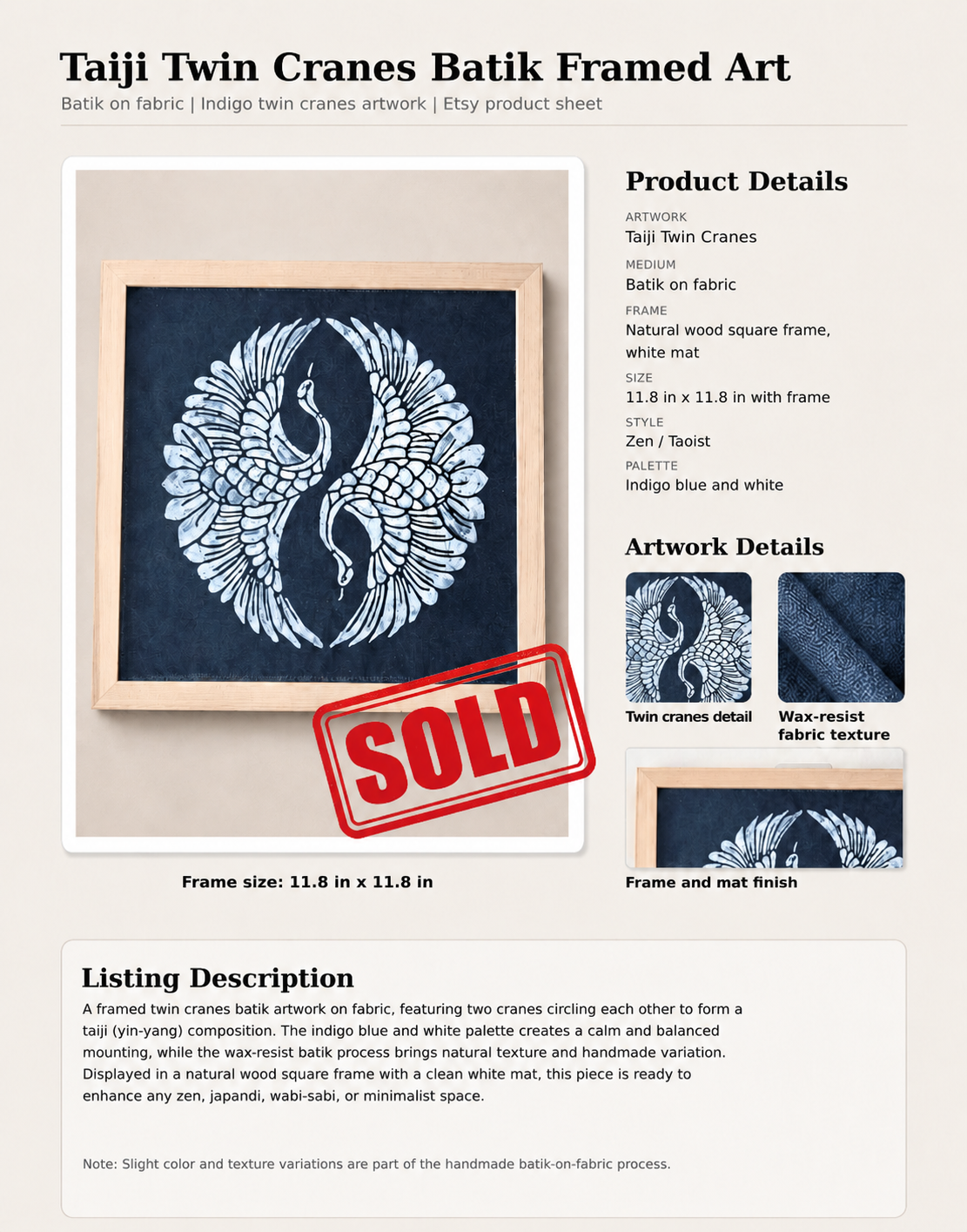 Indigo Batik Twin Cranes Linen Wall Art | Handmade Taiji Yin Yang Textile | Traditional Wax Resist Batik | Zen Home Décor | Meaningful Gift