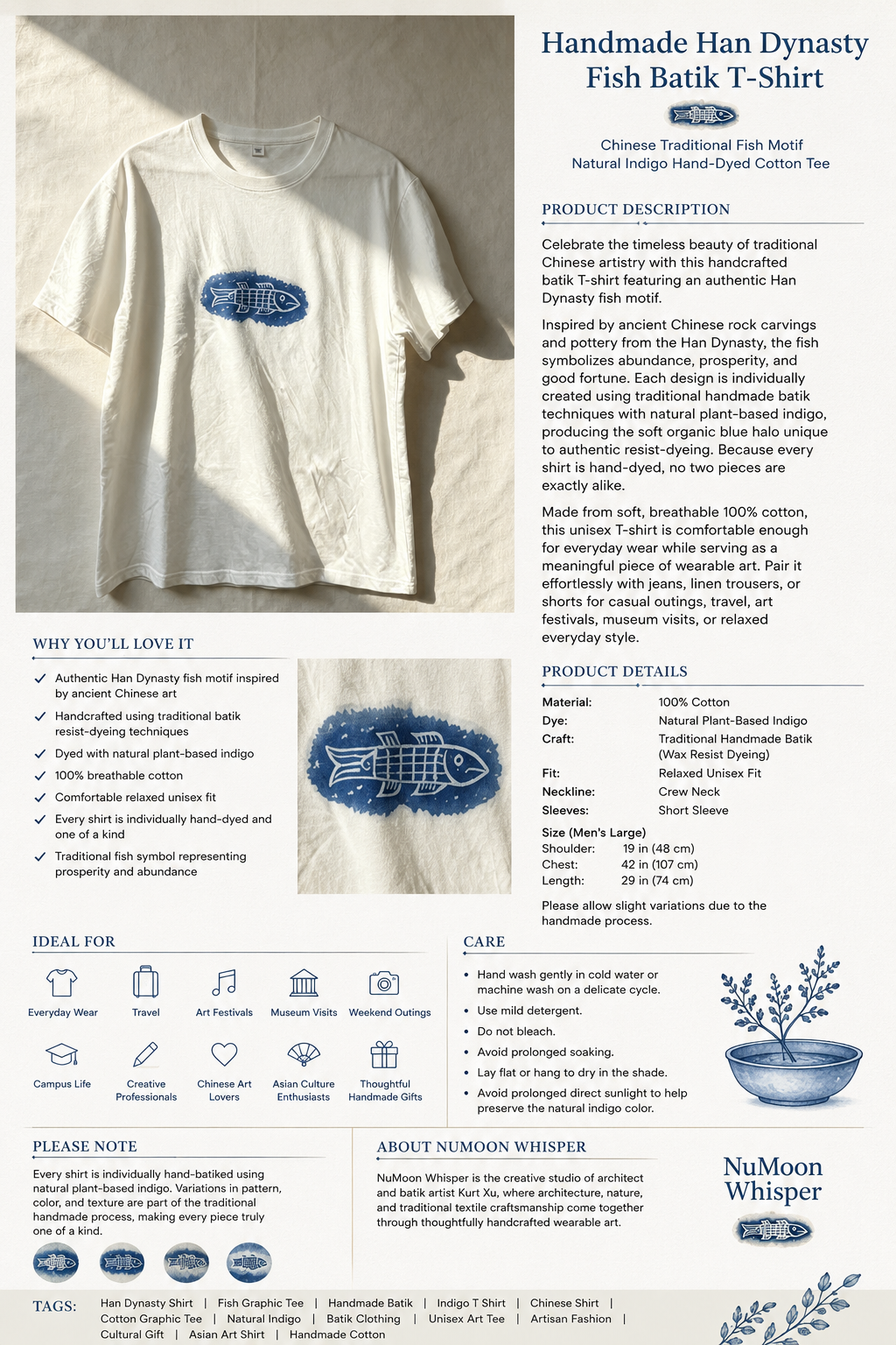 Handmade Han Dynasty Fish Batik T-Shirt | Natural Indigo Cotton Graphic Tee | Oriental Traditional Shirt | Hand-Dyed Unisex Art Tee | Cultural Gift