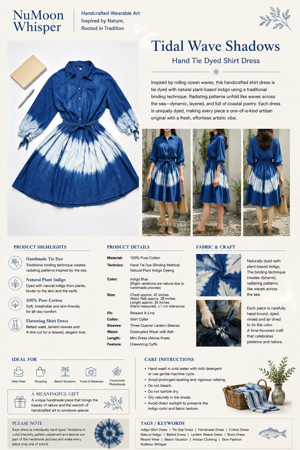 Handmade Indigo Tie-Dye Shirt Dress | Natural Cotton Belted Mini Dress | Boho Three-Quarter Sleeve Dress