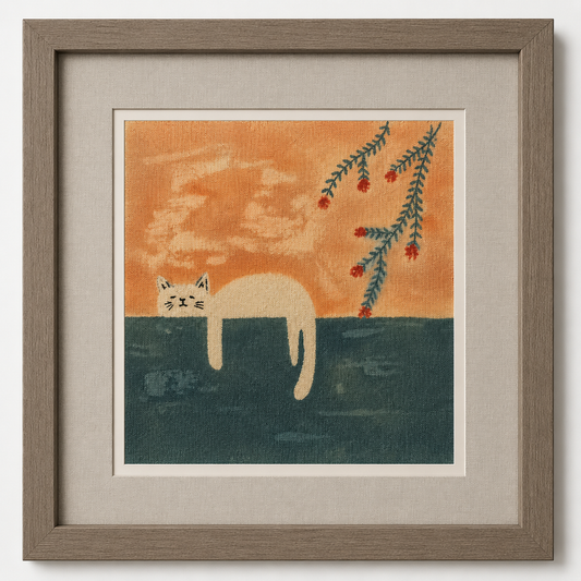 Handmade Cat Textile Wall Art | Lazy Cat Batik Wall Art | Framed Cat Decor | Cozy Home Decor | Gift for Cat Lovers