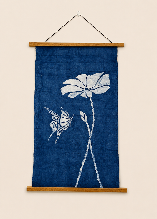 Handmade Indigo Batik Lotus Butterfly Wall Hanging, Textile Wall Art, Cotton Home Décor, Wabi-Sabi Zen Art