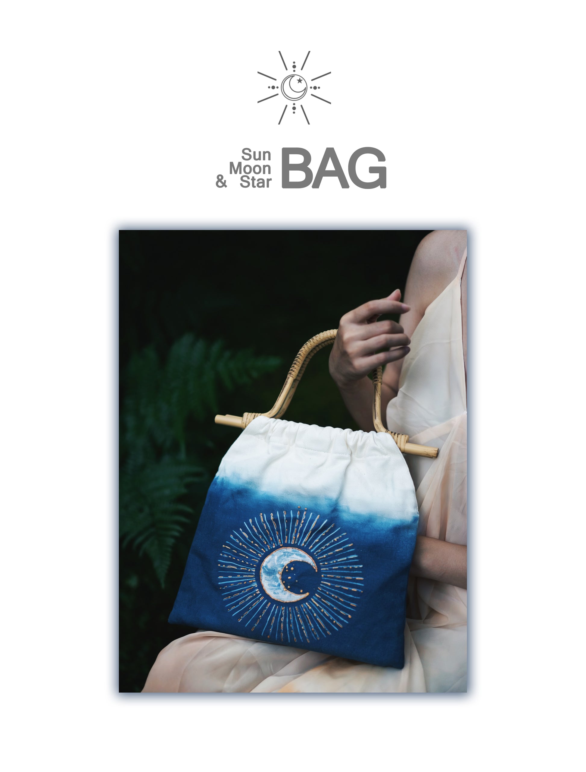 Blue and white bag with celestial design held by a person, branded 'Sun Moon & Star'.