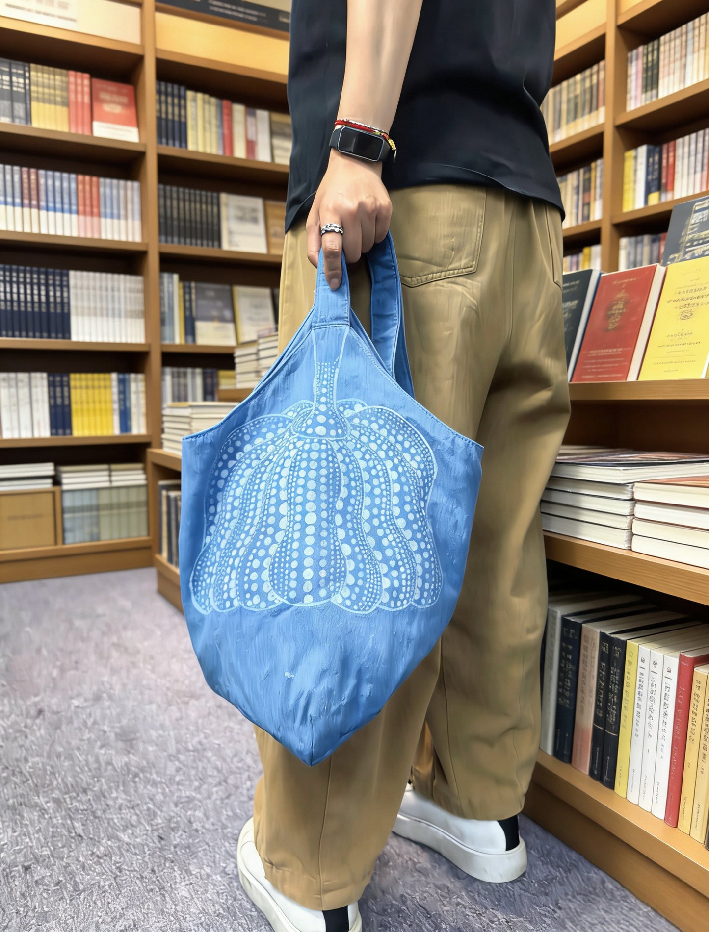 Person holding a blue tote bag with a bookshelf background