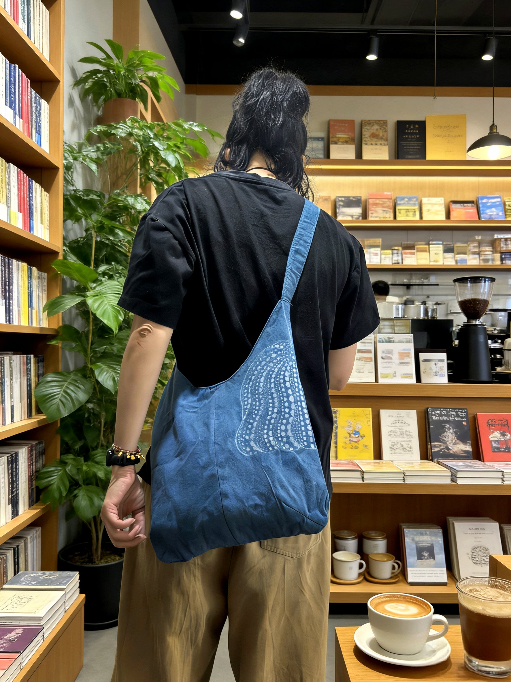 Person with a blue bag in a bookstore