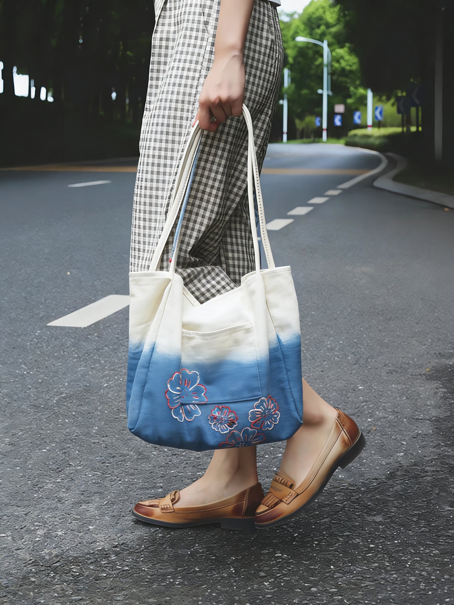Hand Dyed Indigo Tote Bag, Embroidered Cotton Canvas Tote, Blossom Tote Bag, Blue Shibori Bag, Hand-dyed Book Tote, Everyday Market Bag #BA10C