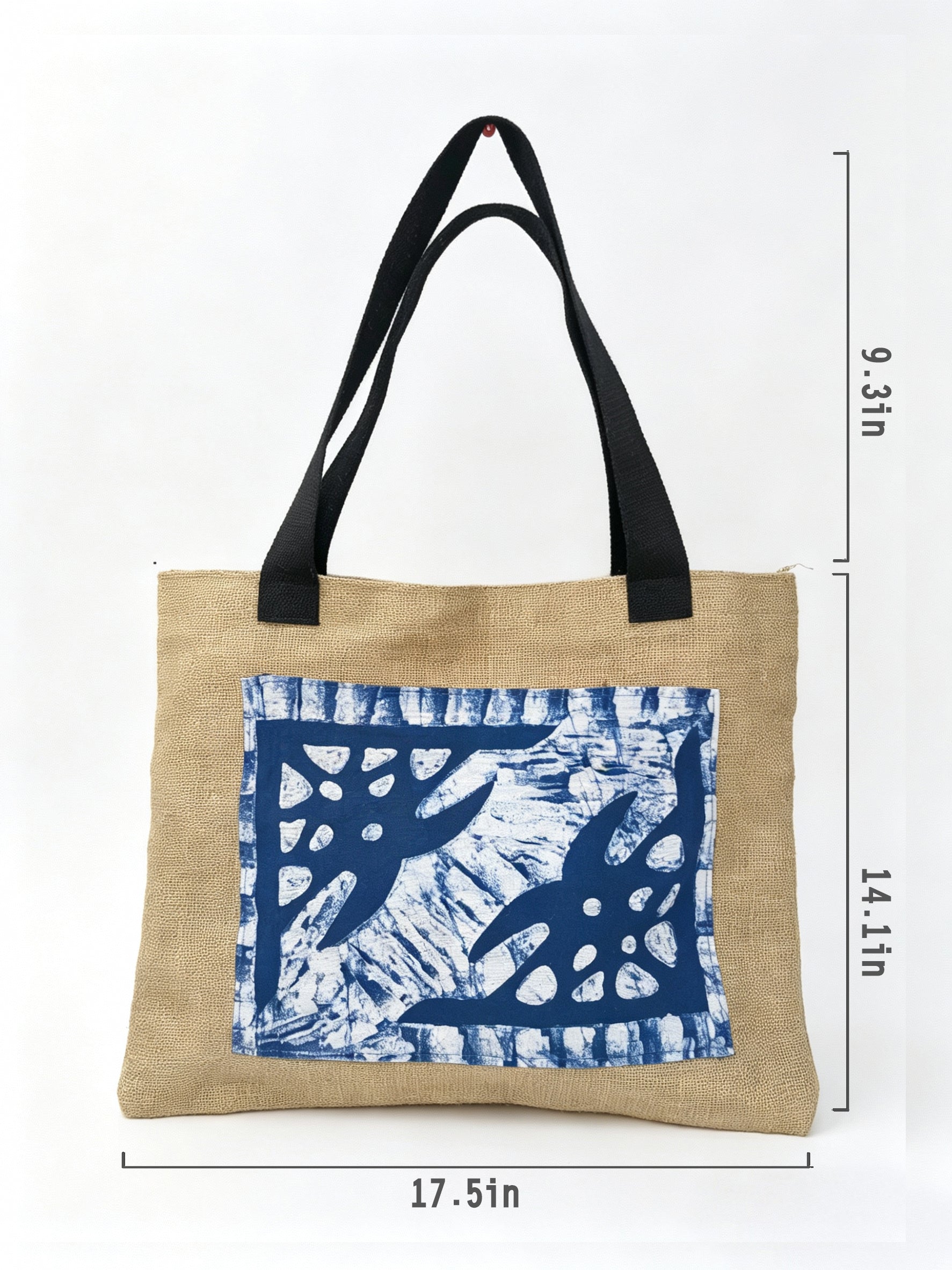 Tote bag with blue floral pattern on beige fabric, black handles, and measurements indicated.