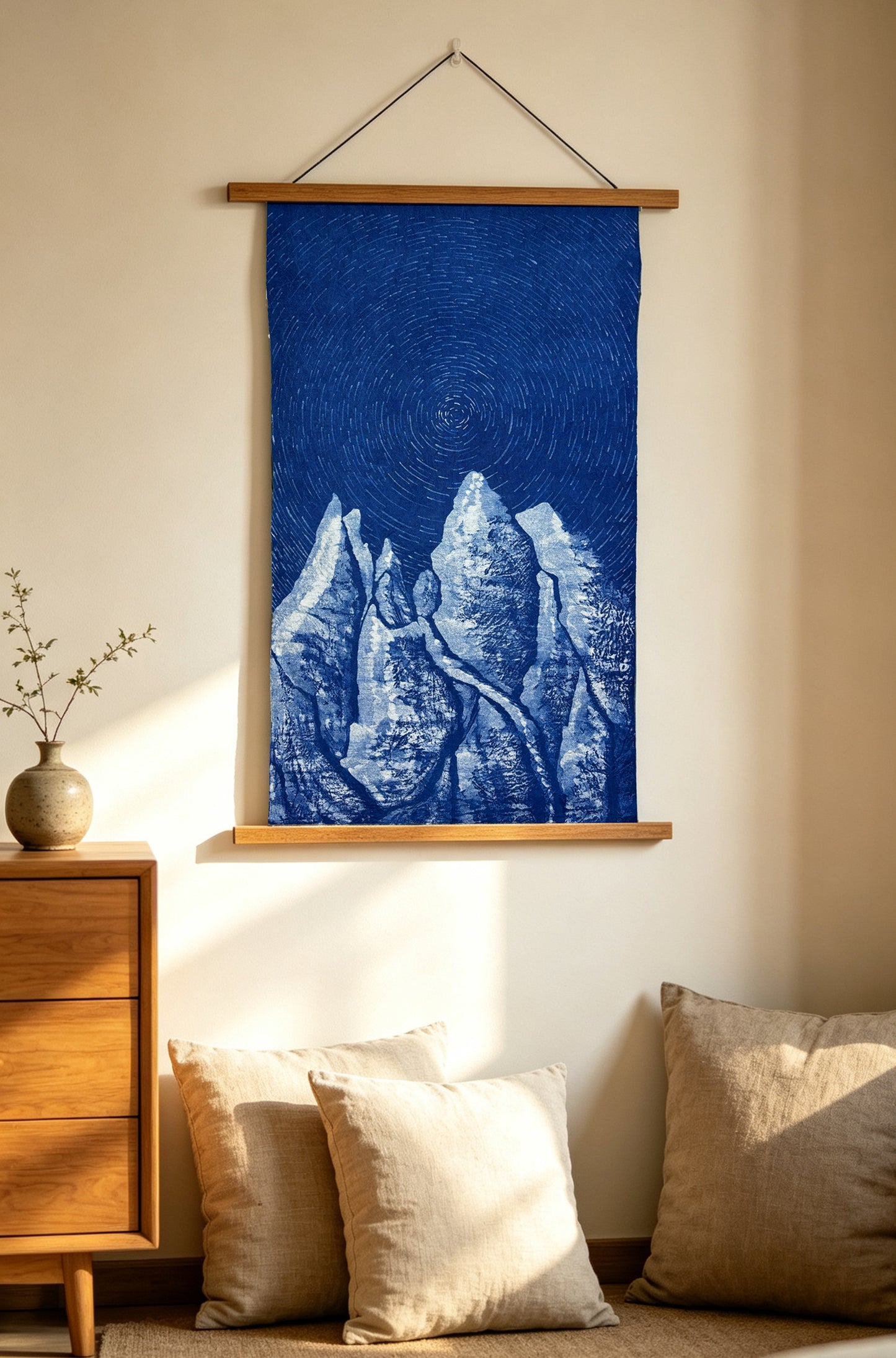 Star Trail Snow Mountain Batik Wall Hanging | Handmade Indigo Tapestry | Rustic Farmhouse Wall Art | Wabi-Sabi Textile Decor  Astronomy Gift