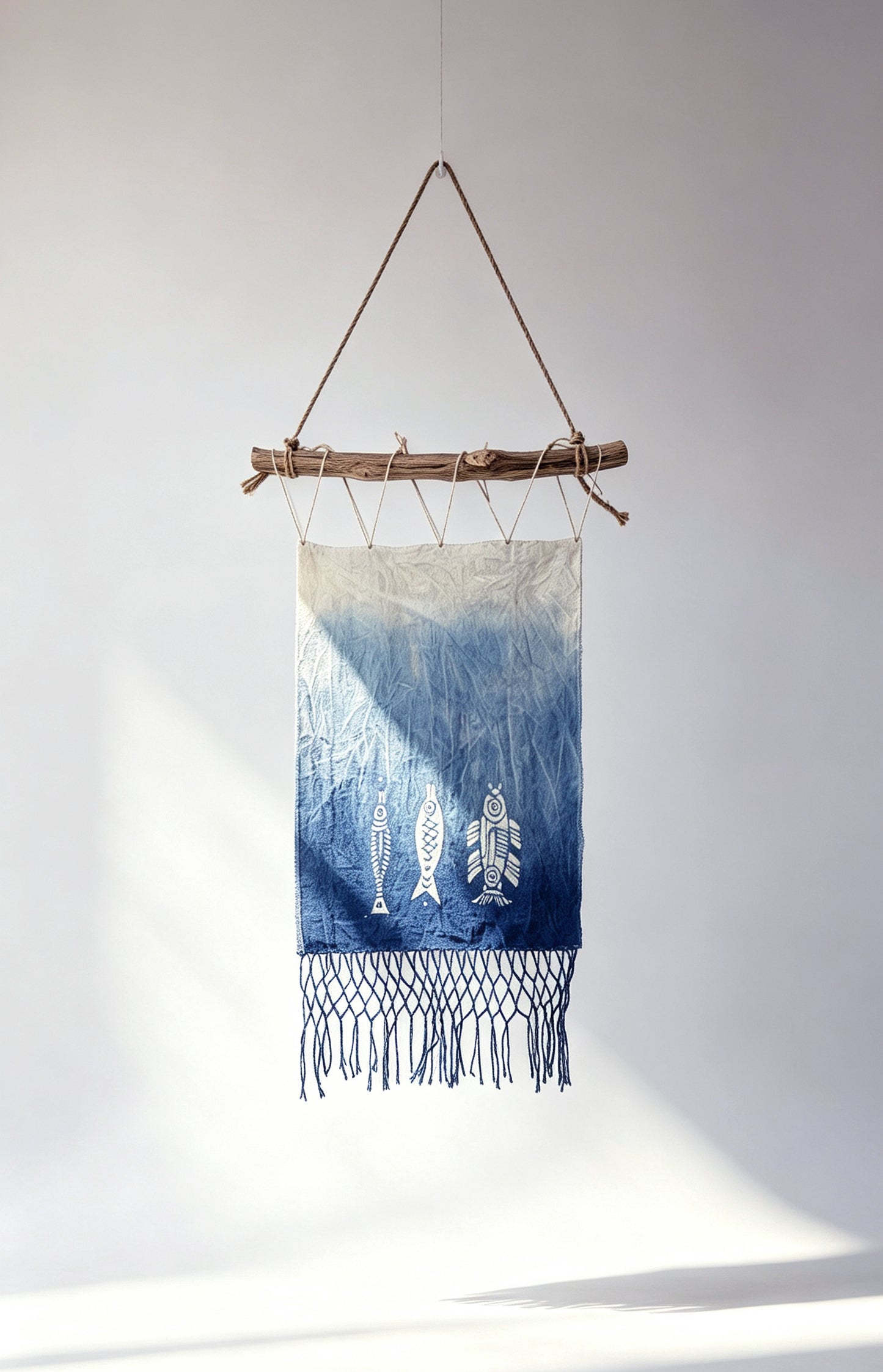 Handmade Han Dynasty Fish Batik Wall Hanging, Indigo Macramé Tapestry, Boho Wall Décor, Chinese Lucky Fish Art