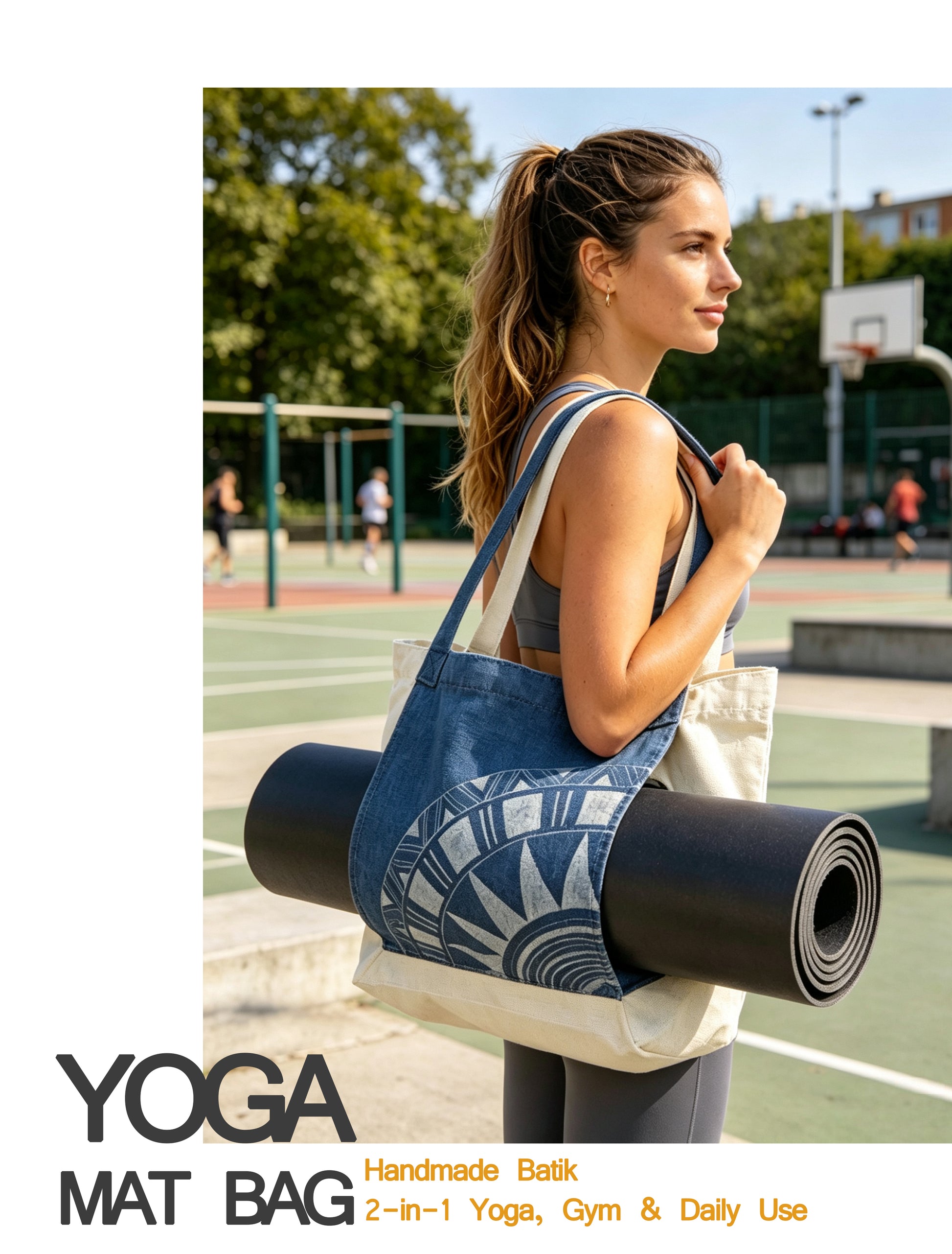 Woman holding a yoga mat and bag on a sports court