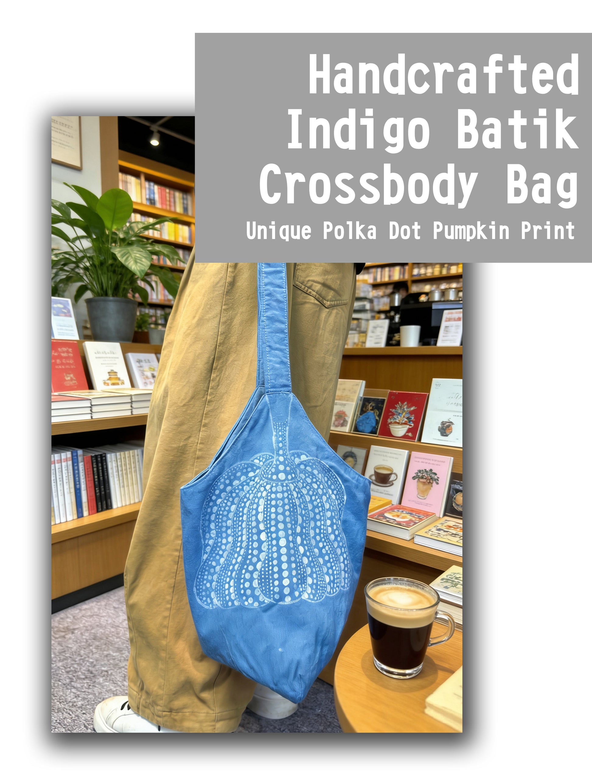 Handcrafted Indigo Batik Crossbody Bag with Polka Dot Pumpkin Print in a bookstore setting