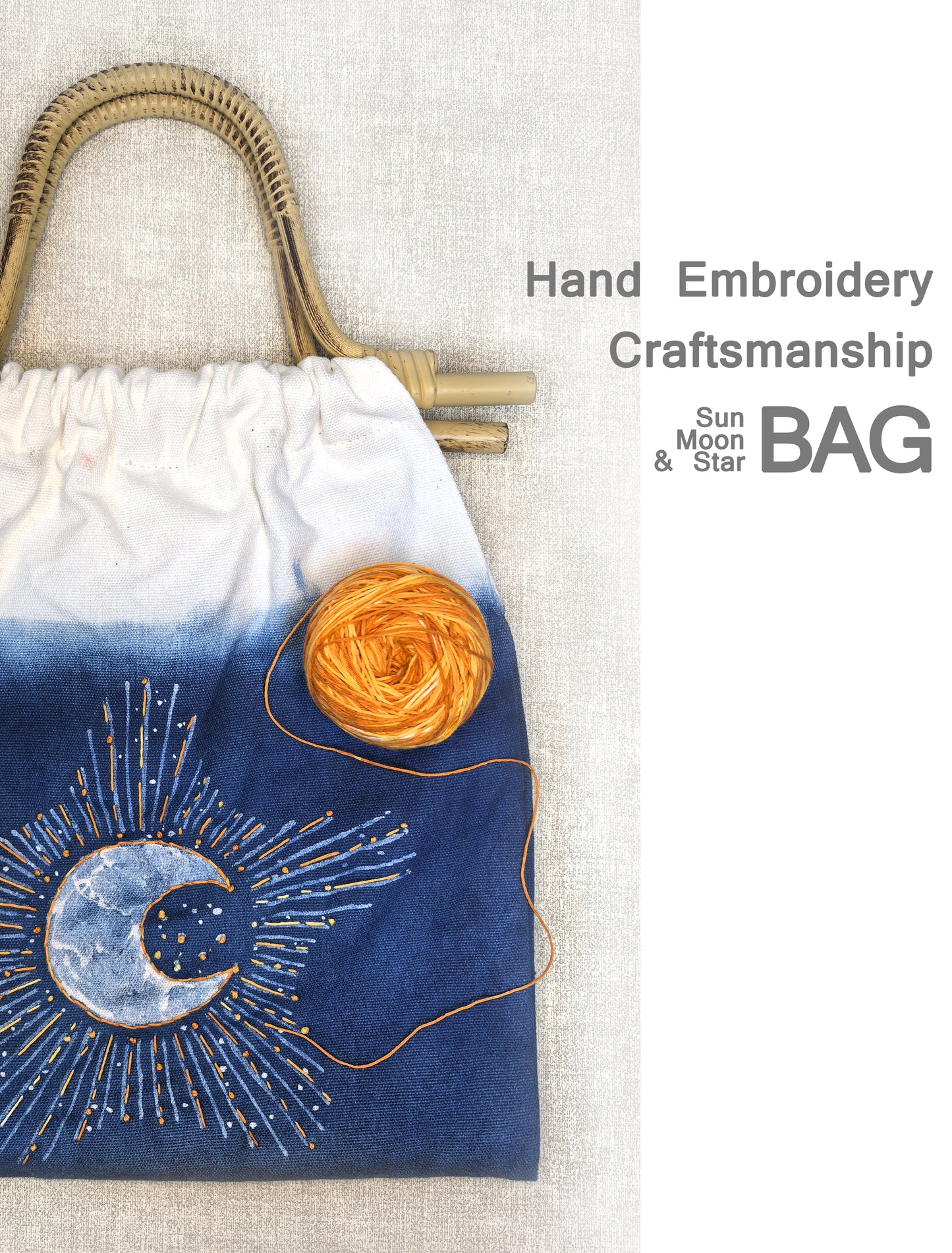 Hand embroidered bag with yarn ball on a textured surface, featuring 'Sun Moon & Star' design.
