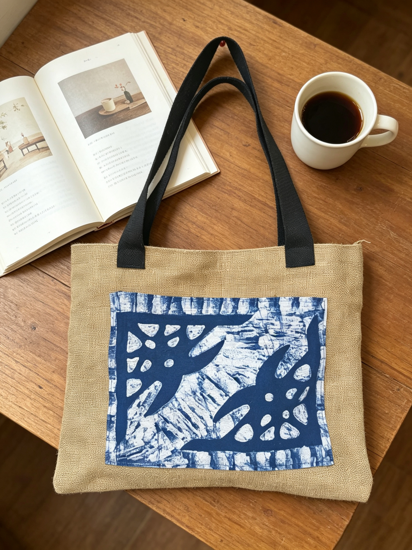 Tote bag with blue floral design on a wooden table with a book and coffee cup.