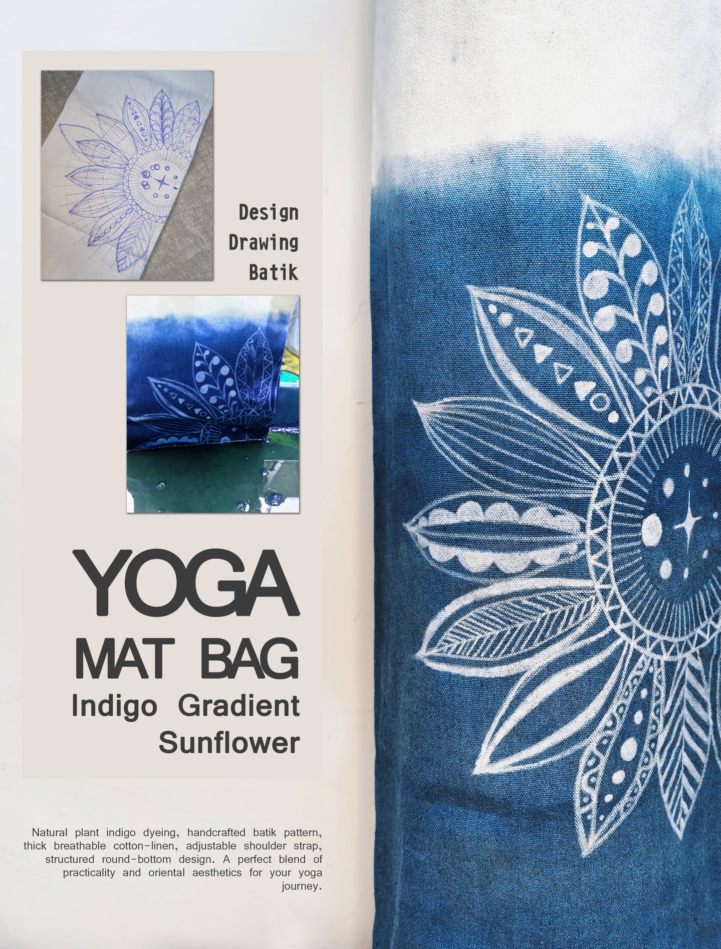 Yoga mat bag with indigo gradient and sunflower design, featuring a design drawing and batik process.