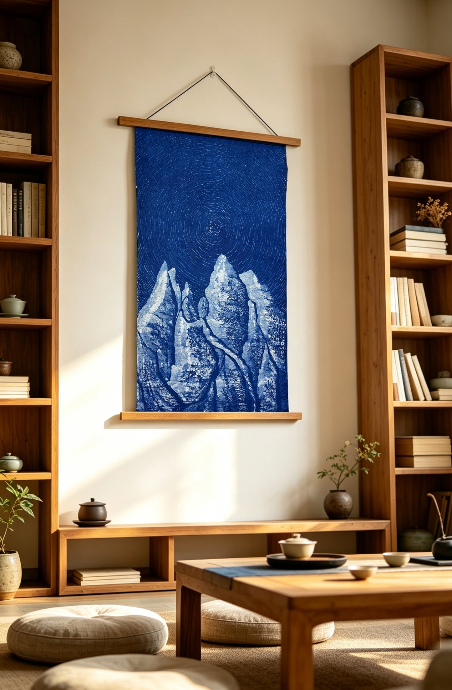 Star Trail Snow Mountain Batik Wall Hanging | Handmade Indigo Tapestry | Rustic Farmhouse Wall Art | Wabi-Sabi Textile Decor  Astronomy Gift