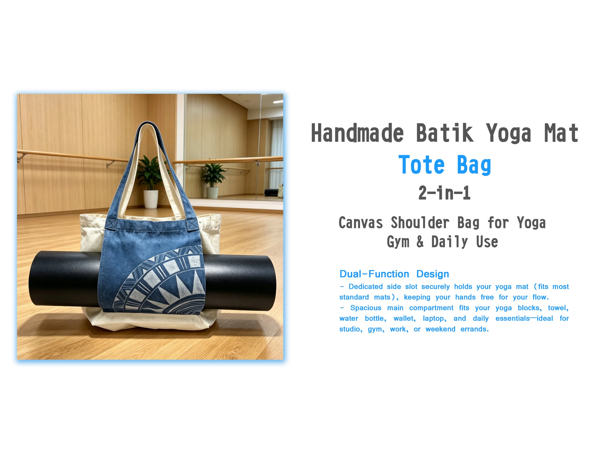 Handmade batik yoga mat tote bag with a yoga mat on a wooden floor.