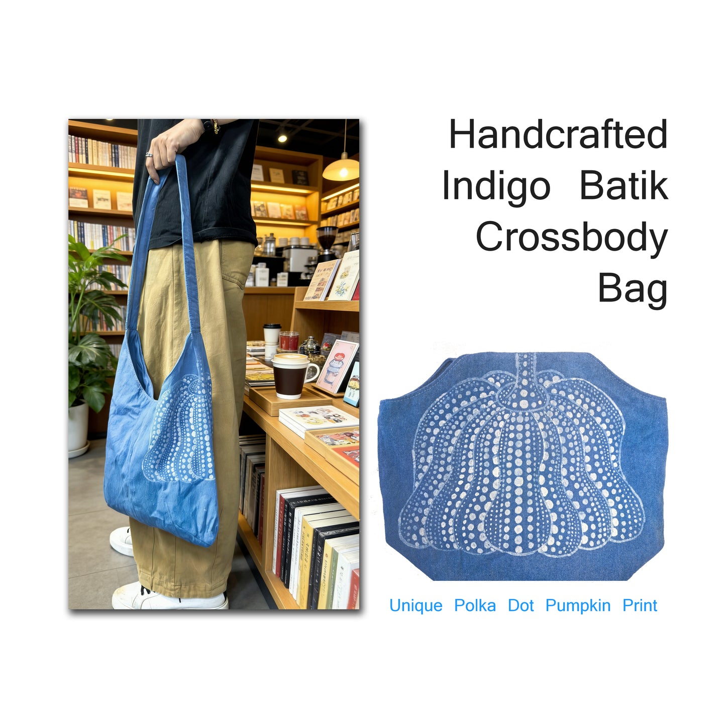 Handcrafted Indigo Batik Crossbody Bag with a person holding it in a bookstore setting.