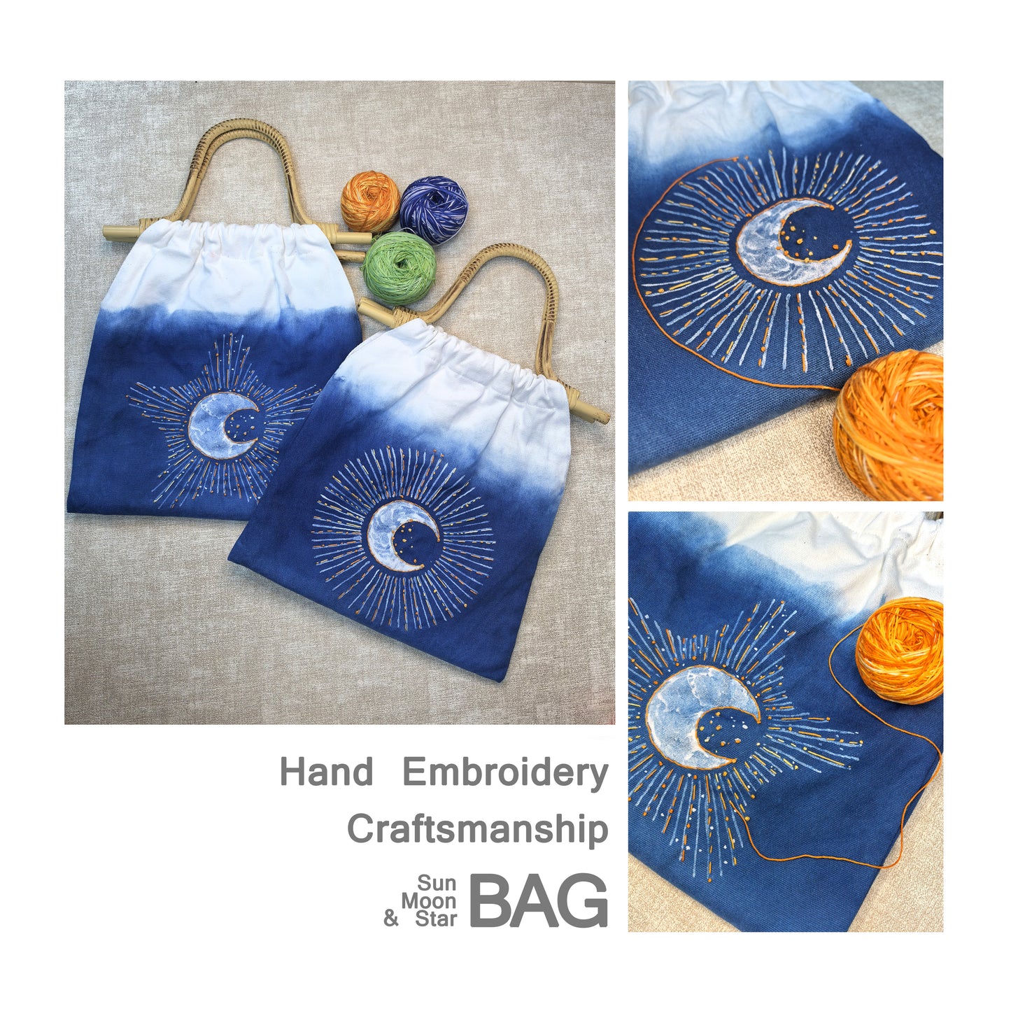 Handmade bags with sun and moon designs, surrounded by yarn, on a textured surface.
