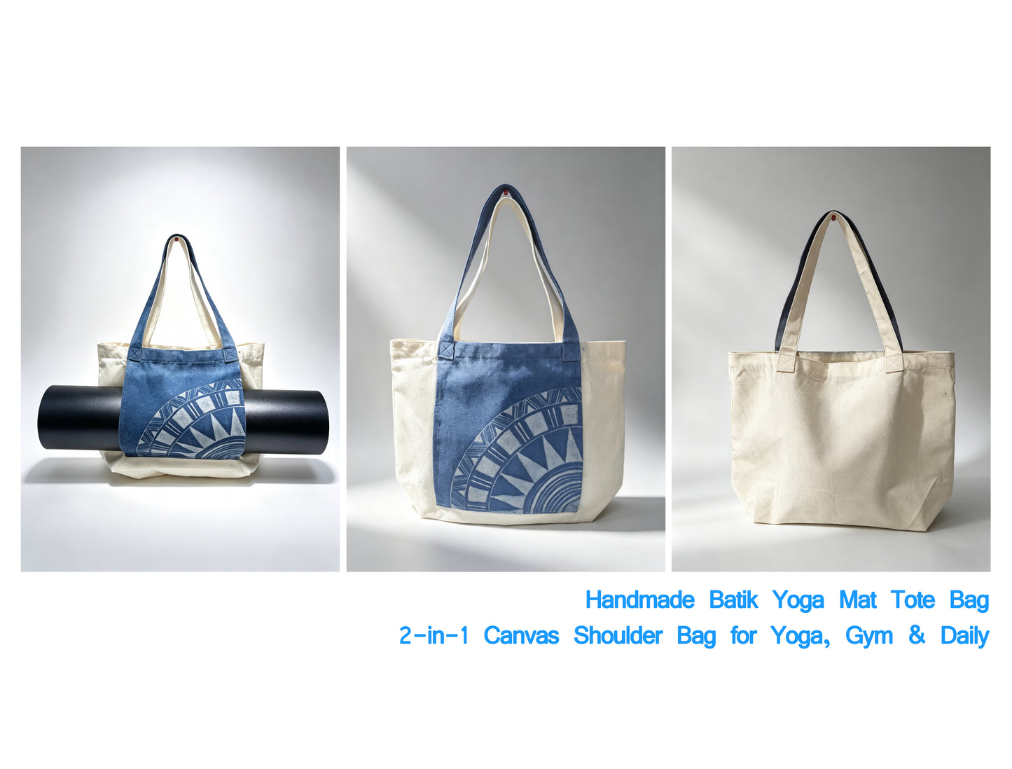 Handmade Batik Yoga Mat Tote Bag with a yoga mat on a gray background