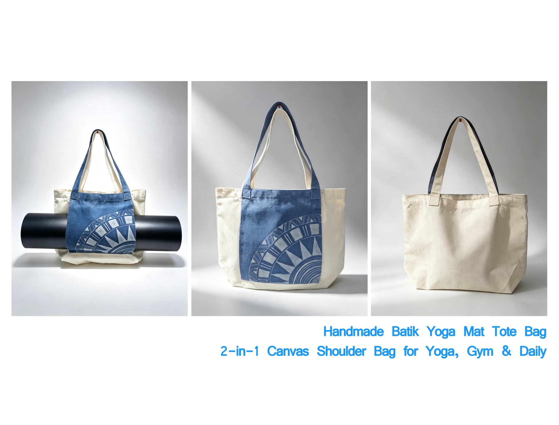 Handmade Batik Yoga Mat Tote Bag with a yoga mat on a gray background